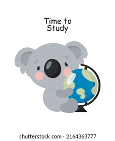 Cute Koala with globe. Cartoon style. Vector illustration. For card, posters, banners, books, printing on the pack, printing on clothes, fabric, wallpaper, textile or dishes.