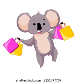 Cute koala going shopping isolated on white background. Cartoon character with packages. Design of funny animals sticker for showing emotion. Vector illustration