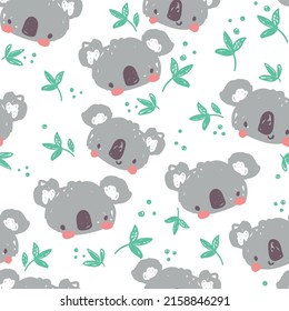 Cute Koala and green leaves eucalyptus pattern seamless. Print design for textile childish background.