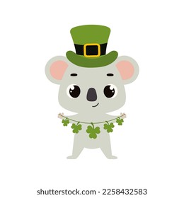 Cute koala in green leprechaun hat with clover. Irish holiday folklore theme. Cartoon design for cards, decor, shirt, invitation. Vector stock illustration.