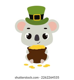 Cute koala in green leprechaun hat holds bowler with gold coins. Irish holiday folklore theme. Cartoon design for cards, decor, shirt, invitation. Vector stock illustration.