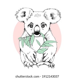 Cute koala with a green sprig of eucalyptus. Humor card, t-shirt composition, hand drawn style print. Vector illustration.