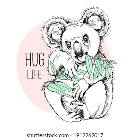 Cute koala with a green sprig of eucalyptus. Humor card, t-shirt composition, hand drawn style print. Vector illustration.