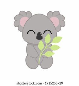 Cute koala with a green twig. Vector illustration in the cartoon style. The design to be printed on children's clothing.