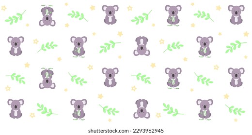 Cute koala, green twigs and small stars on a white background. Endless texture with adorable Australian animal. Vector seamless pattern for wrapping paper, giftwrap, surface texture and nursery room