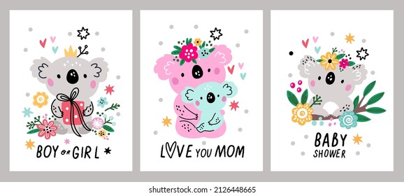 Cute tarjetas de felicitación koala. Osos australianos con flores y texto para bebés. Personajes de mamá y niños. Familia divertida de mamíferos. Criaturas de la naturaleza con eucalipto y regalos. Vector