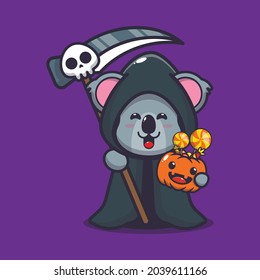 cute koala with grim reaper costume cartoon illustration.cute halloween cartoon vector illustration. Vector isolated flat illustration for poster, brochure, web, mascot, sticker, logo and icon.