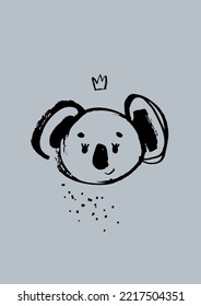 Cute koala in grunge style. Vector print for children room, fabric, paper, greeting card, postcard, card, t shirt, poster, textile. Vector illustration