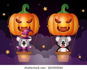 Cute koala with halloween costume on pumpkin air balloon