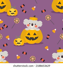 Cute Koala and Halloween Pumpkin Seamless Pattern