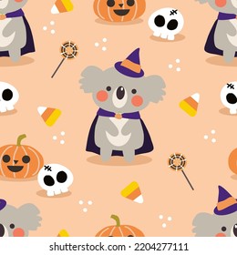 Cute Koala and Halloween Pumpkin Seamless Pattern