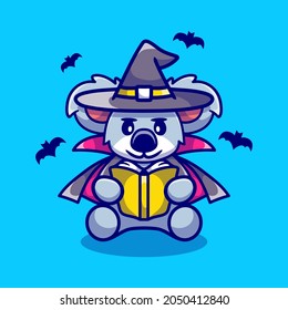 cute koala halloween witch reading a book, suitable for cute animal halloween t-shirts or mascot designs