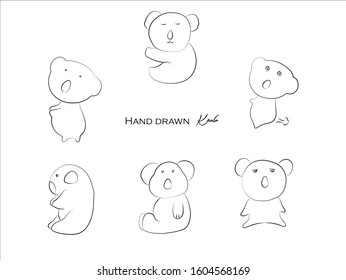 cute koala hand drawn icon vector set line art, Doodle Cartoon Animals in black and white style, Perfect for invitations,greeting cards, prints, posters