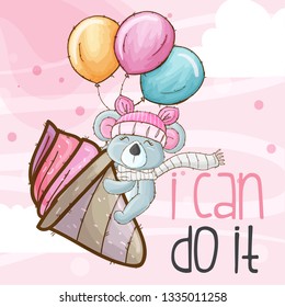 Cute koala hand drawn illustration. Little koala and ice cream. Cartoon koala. cute animal character vector- Vector