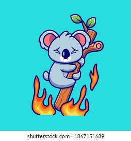 Cute Koala Hanging From Burning Tree Cartoon Vector Icon Illustration. Animal Nature Icon Concept Isolated Premium Vector. Flat Cartoon Style