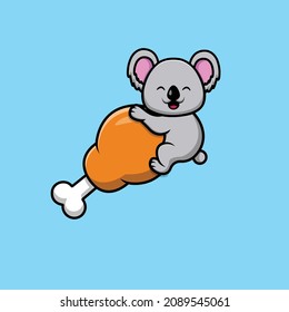 Cute Cute Koala Hanging On Chicken Wing Cartoon Vector Icon Illustration. Animal Food Icon Concept Isolated Premium Vector. Flat Cartoon Style