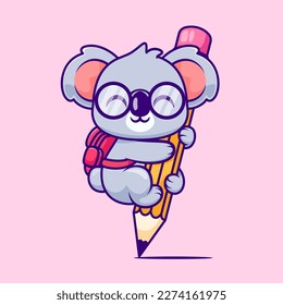 Cute Koala Hanging On Pencil With Bag Cartoon Vector Icon Illustration. Animal Education Icon Concept Isolated Premium Vector. Flat Cartoon Style