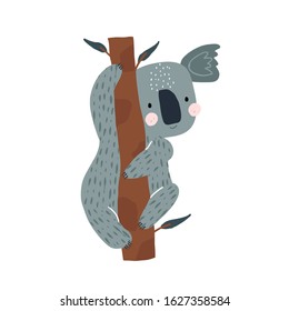 Cute koala hanging on a tree. Cartoon koala bear charachter vector illustration .Ready design for greeting card, posters, apparel