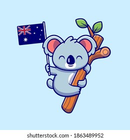 Cute Koala Hanging On Tree And Holding Australian Flag Cartoon Vector Icon Illustration. Animal Nature Icon Concept Isolated Premium Vector. Flat Cartoon Style