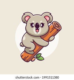 Cute koala hanging on tree cartoon