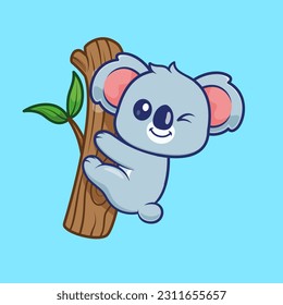 Cute Koala hanging auf Baumkarikatur Vektorsymbol Illustration. Tiernatur-Symbol Konzept isolierter Premium-Vektorgrafik. Flachbildkartonstil