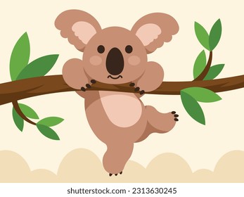 Cute koala hanging on a tree branch. Marsupial bear living in Australia. Vector graphics