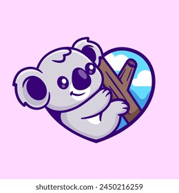 Cute Koala Hanging On Tree Love Heart Cartoon Vector Icon Illustration. Animal Nature Icon Concept Isolated Premium Vector. Flat Cartoon Style