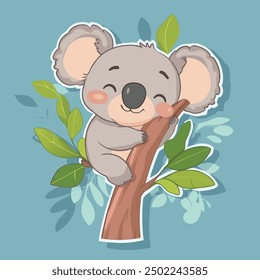 Cute Koala Hanging On Tree Cartoon Vector Icon Illustration