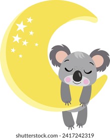 Cute koala hanging on yellow moon
