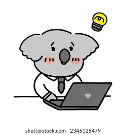 Cute koala is happily working on a laptop.
