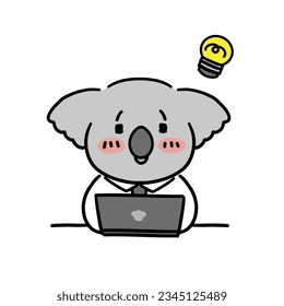 Cute koala is happily working on a laptop.