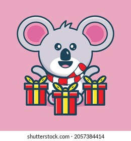 Cute Koala Happy to get lots of gifts and christmas gifts Vector Icon Illustration. Animal Icons concept celebrating christmas. Animal Icon Concept Isolated Premium Vector. Flat Cartoon Style