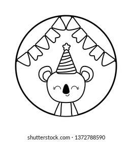 cute koala with hat party in frame circular