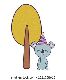 cute koala with hat party and tree plant vector illustration design