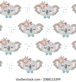 Cute koala head and flower iseamless pattern. Vector cartoon illustration n boho style. Nursery, greeting card, poster, baby shower