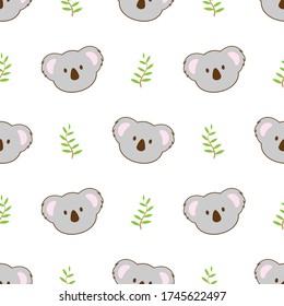 Cute Koala head with leaf seamless pattern vector design in white background