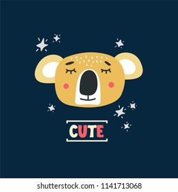 Cute koala head vector illustration. Design element, clipart for baby products with hand drawn cartoon animal drawing with lettering 