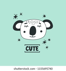 Cute koala head vector illustration. Design element, modern style clipart with hand drawn cartoon koala in black and white 