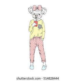 Cute Koala Hipster Girl Drinking Soda Water, Anthropomorphic Illustration For Kids