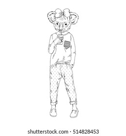 Cute Koala Hipster Girl Drinking Soda Water, Anthropomorphic Illustration For Kids