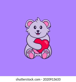Cute koala sosteniendo un gran corazón rojo. El concepto de caricatura animal aislado. Puede usarse para camisetas, tarjetas de felicitación, tarjetas de invitación o mascota.