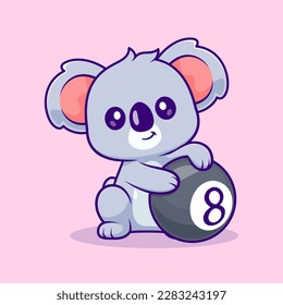 Cute Koala Holding Billiard Ball Cartoon Vector Icon Illustration. Animal Sport Icon Concept Isolated Premium Vector. Flat Cartoon Style