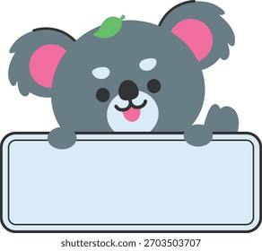 Um coala bonito segurando um quadro cinza em branco, pronto para texto, mensagem, anúncio, uso de publicidade, e estilo de ilustração de desenhos animados planos limpos.
