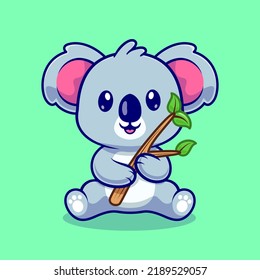 Cute Koala Holding Branch Cartoon Vector Icon Illustration. Animal Nature Icon Concept Isolated Premium Vector. Flat Cartoon Style