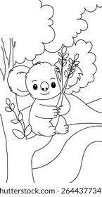 Cute Koala Holding Branch Coloring Page for Kids – Forest Animal Line Art