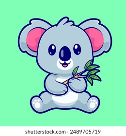 Cute Koala Holding Branch Tree Cartoon Vector Icon Illustration. Animal Nature Icon Concept Isolated Premium Vector. Flat Cartoon Style