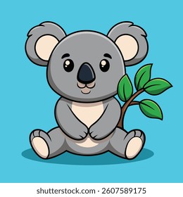 Cute Koala Holding Branch Tree Cartoon Vector Icon Illustration Animal Nature Icon Isolated Flat