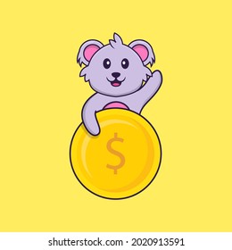 Cute koala holding coin. Animal cartoon concept isolated. Can used for t-shirt, greeting card, invitation card or mascot.
