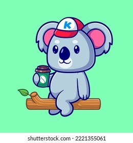 Cute Koala Holding Cup Coffee On Tree Cartoon Vector Icon Illustration. Animal Drink Icon Concept Isolated Premium Vector. Flat Cartoon Style