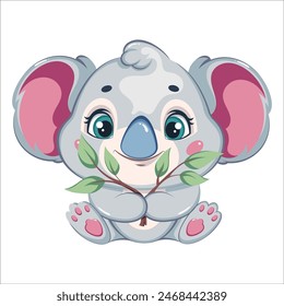 Cute koala holding eucalyptus branch. Funny koala cartoon character.